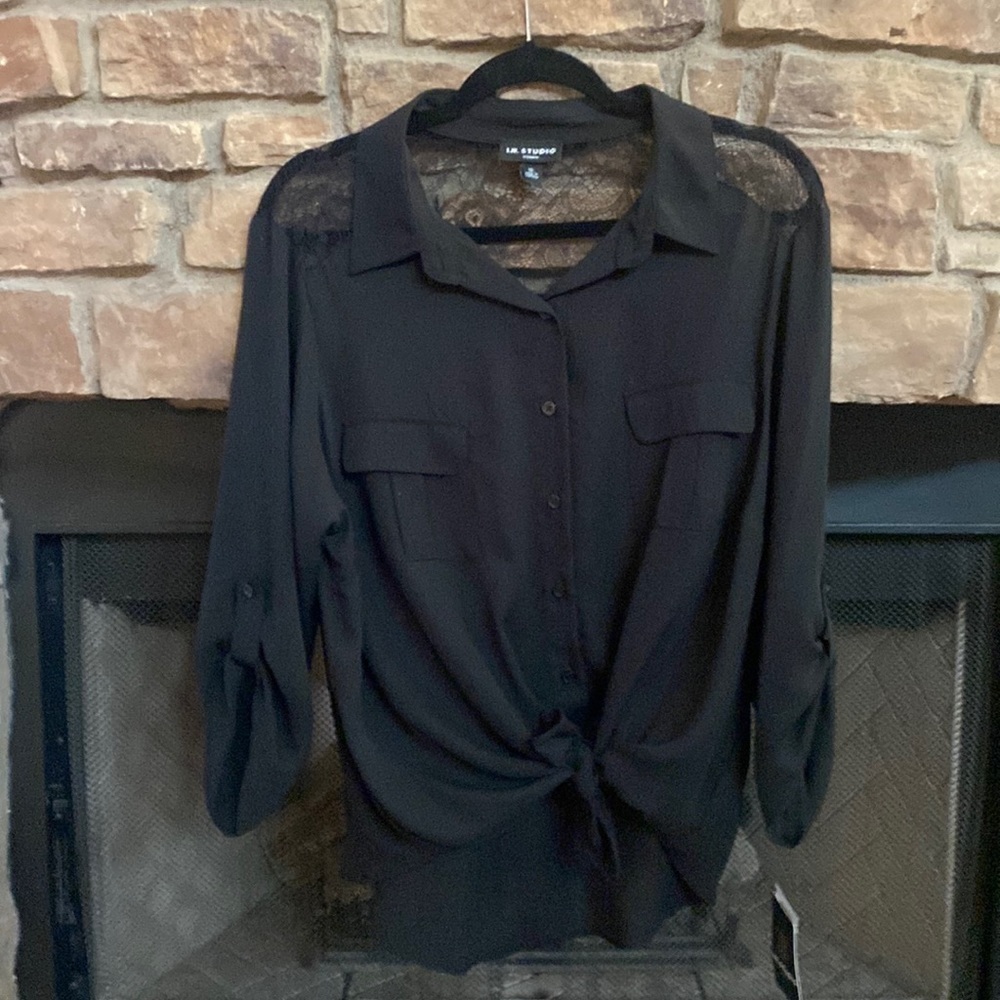 NWT I. N. Studio Woman black blouse. Size 1X. Lace detail on back.  1X